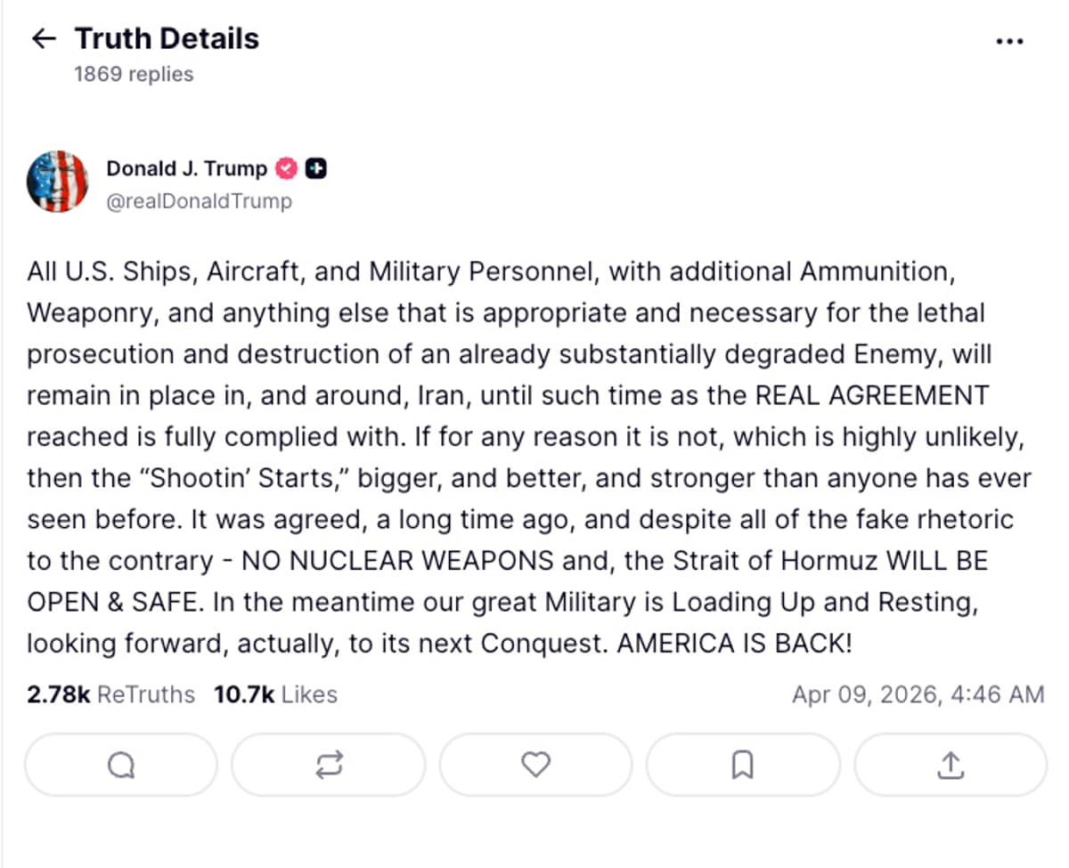 Donald Trump post on Truth Social re US-Iran ceasefire deal