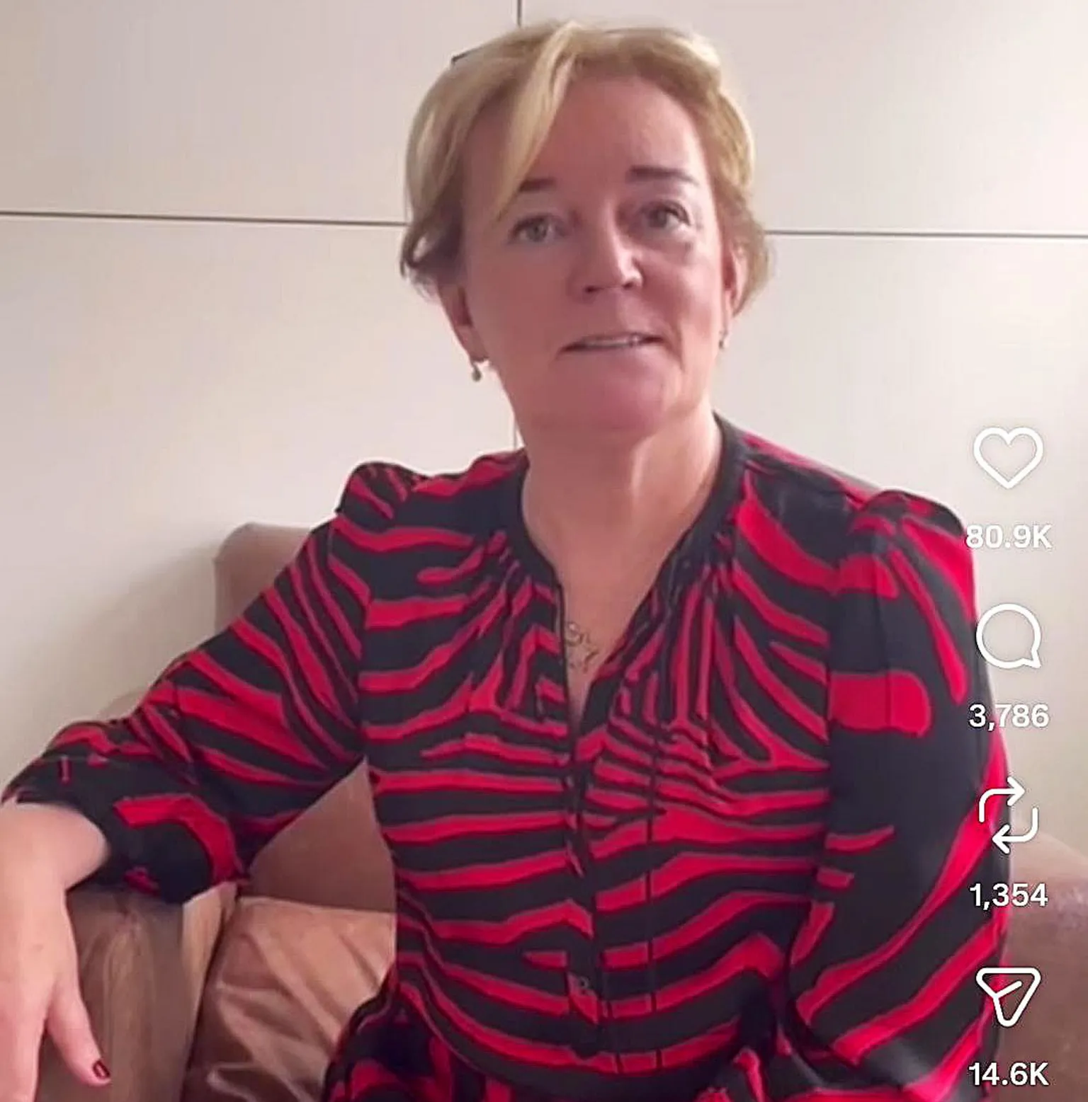 jomalonecbe / Instagram A screengrab from video of Jo Malone wearing a red and black striped top against a neutral background, with likes and share counts embedded as white graphics over the screen on the right, showing the post had 80.9k likes, 3786 comments and 14.6k shares.