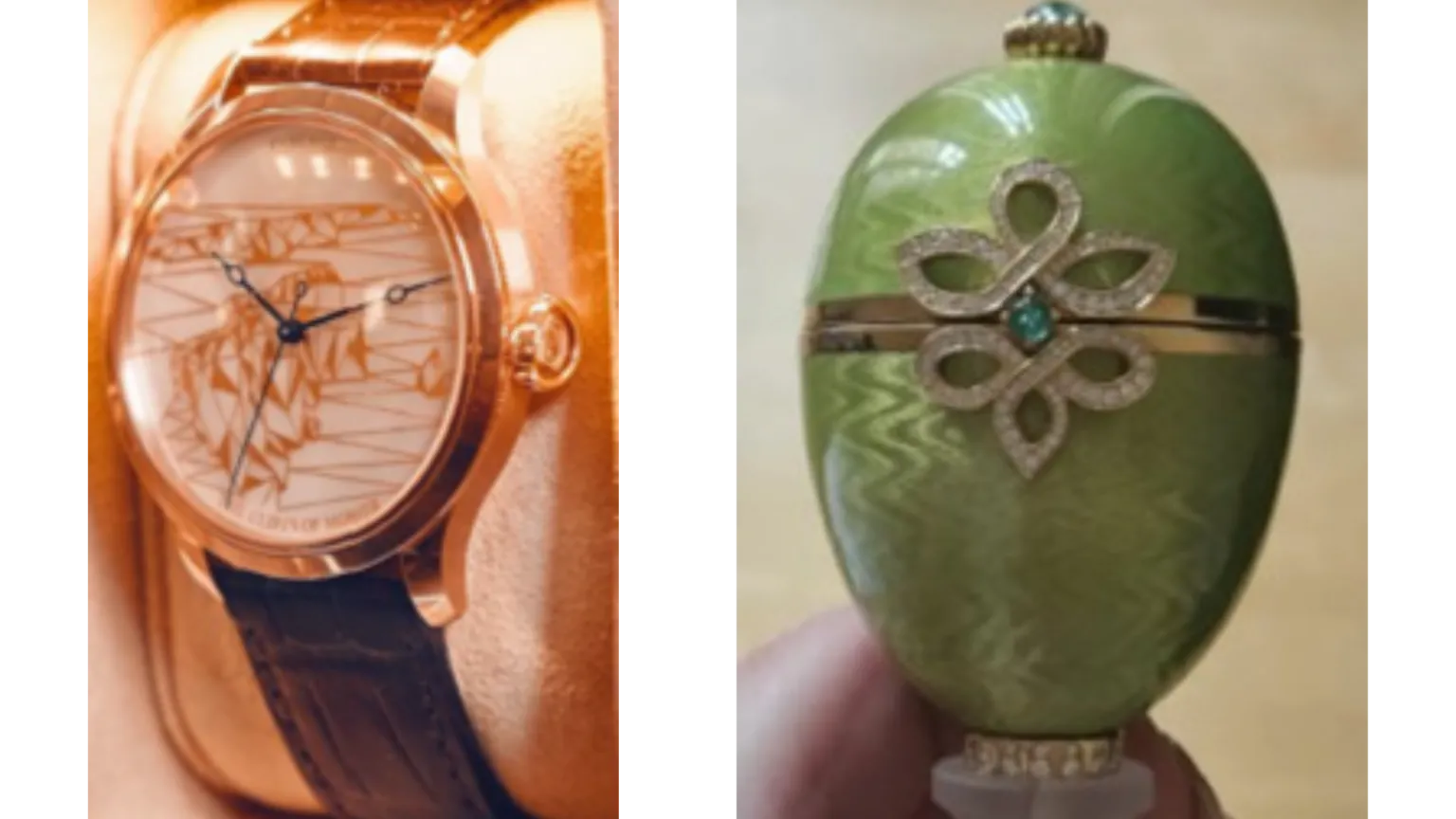 Met Police Two images placed side by side: a close‑up of a luxury wristwatch with a patterned face on the left, and a green Fabergé egg with a gold band and decorative gemstone motif on the right.