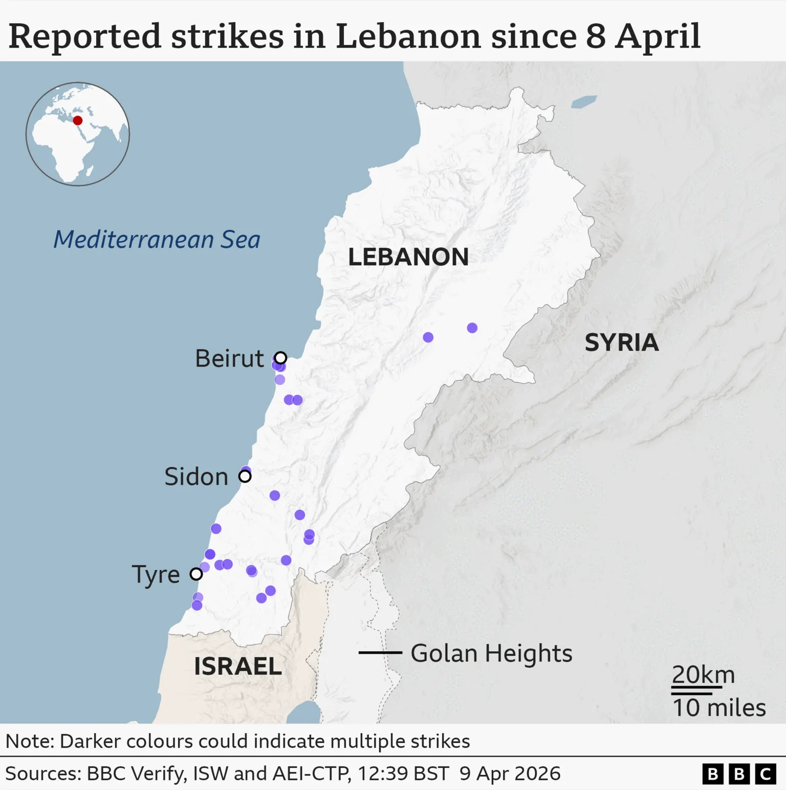 Map of areas reported to have been struck by Israel since 8 April