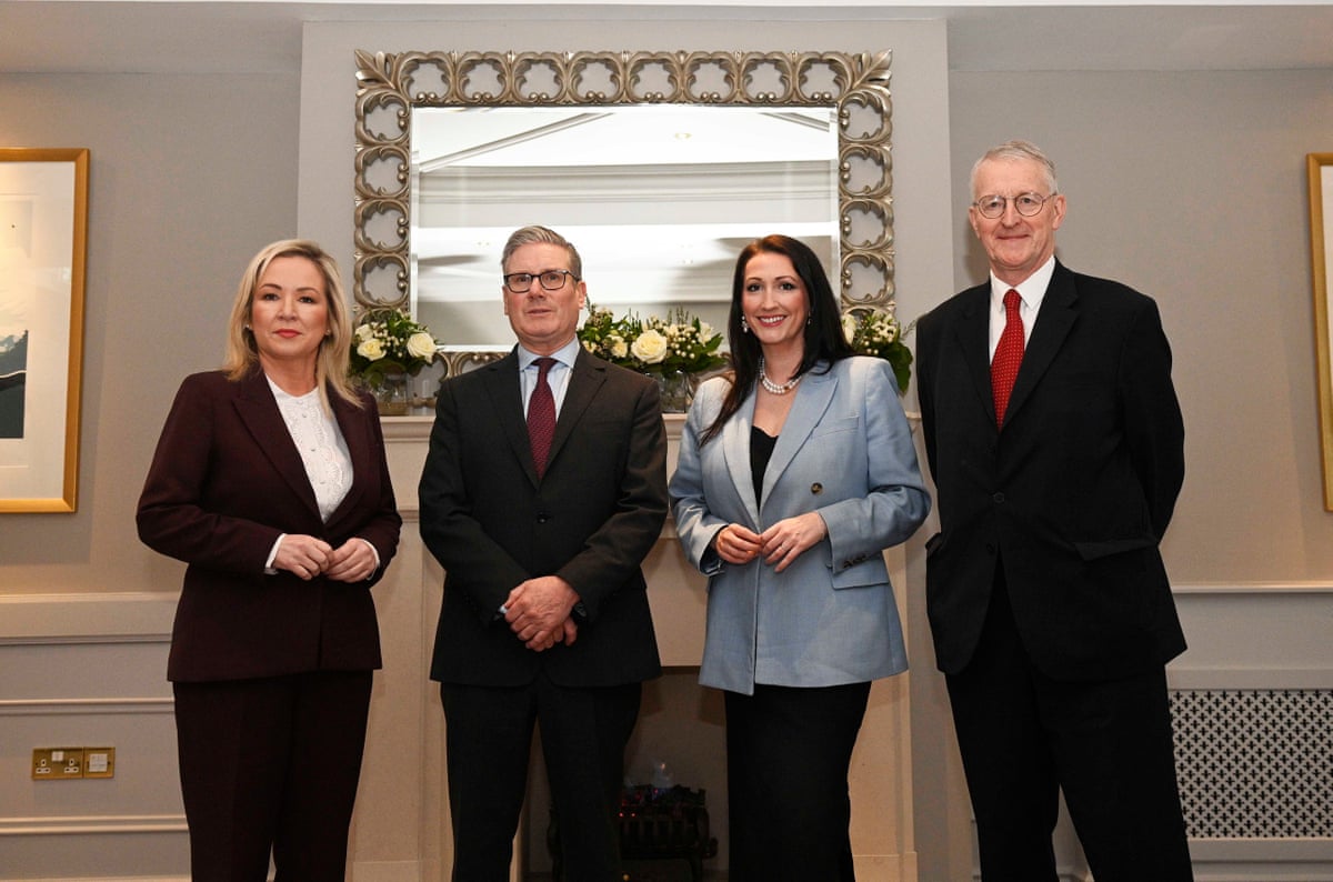 From left: Michelle O’Neill, Keir Starmer, Emma Little-Pengelly, and the Northern Ireland secretary, Hilary Benn, in Belfast last month.