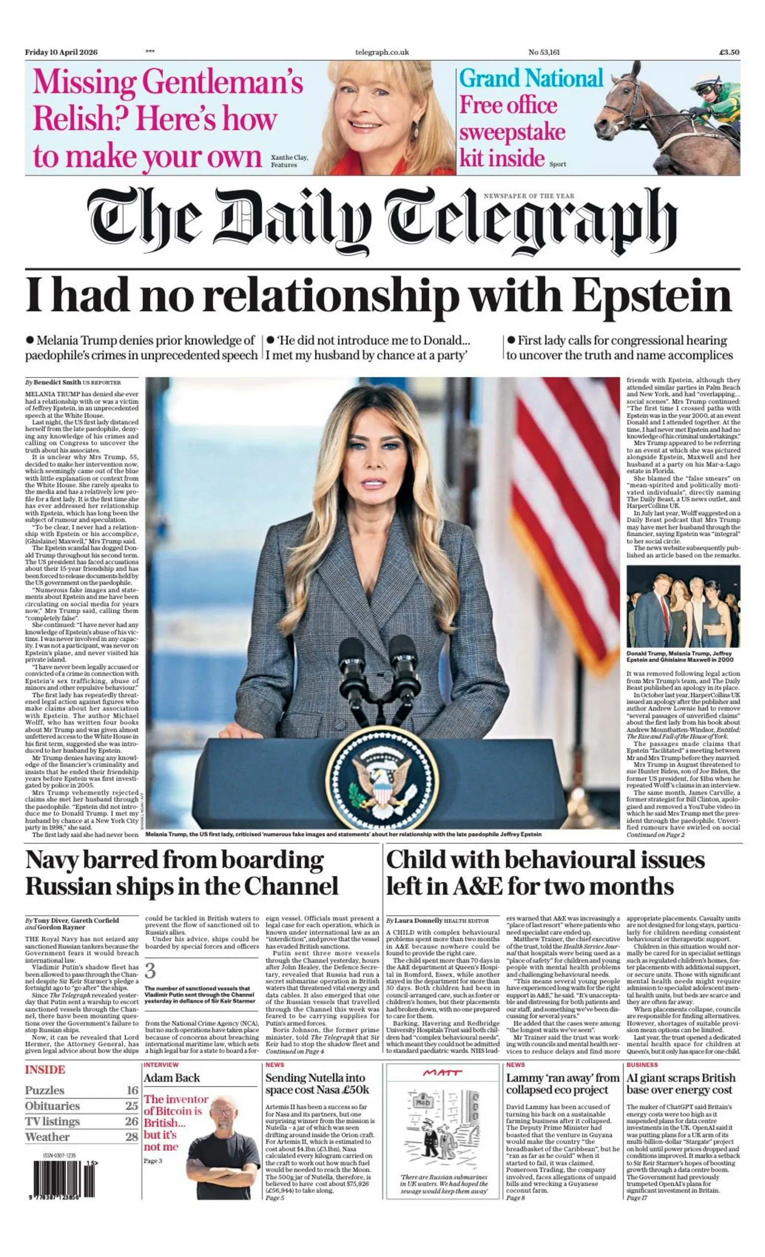 The headline on the front page of the Telegraph reads: “I have no relationship with Epstein”.