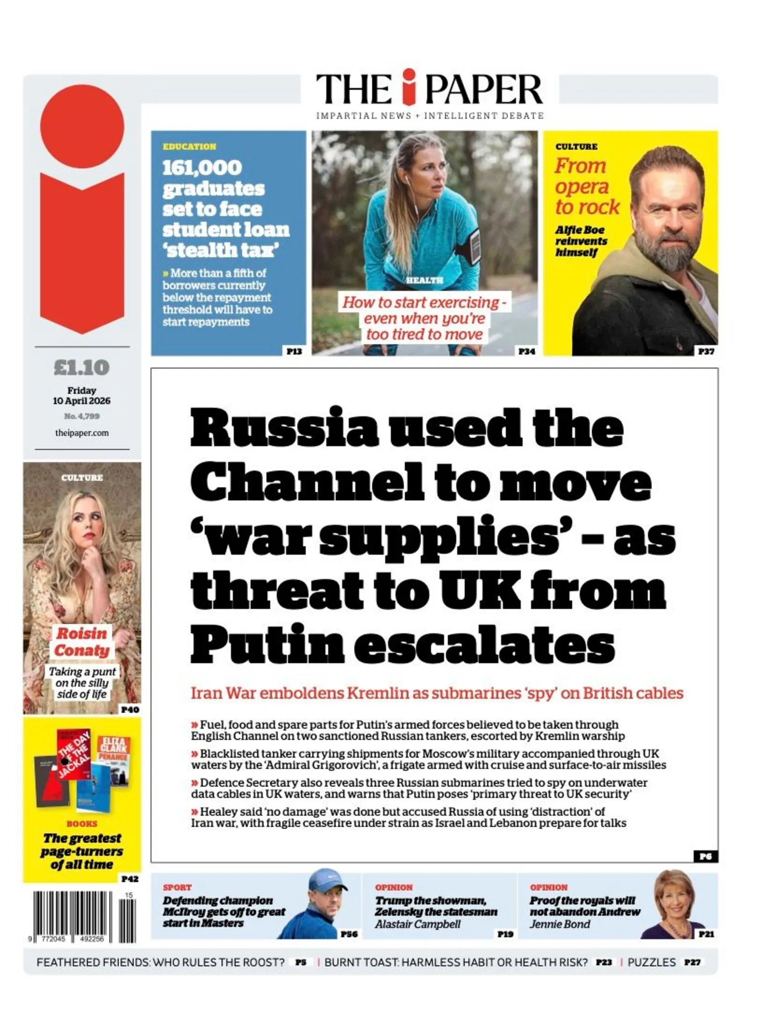 The headline on the front page of the i Paper reads: “Russia used the Channel to move 'war supplies' - as threat to UK from Putin escalates”.