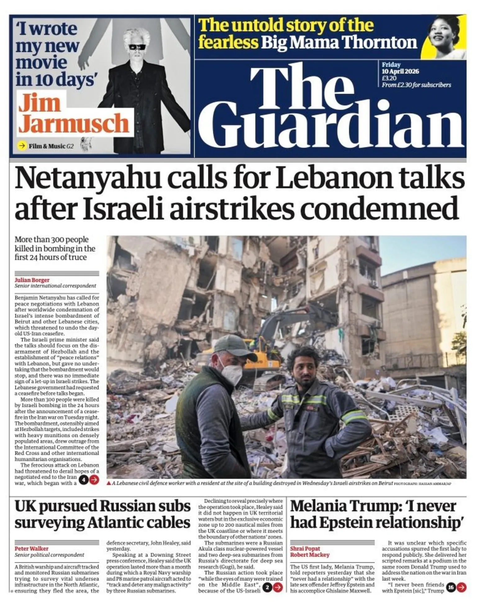 The headline on the front page of reads: “Netanyahu calls for Lebanon talks after Israeli airstrikes condemned”.