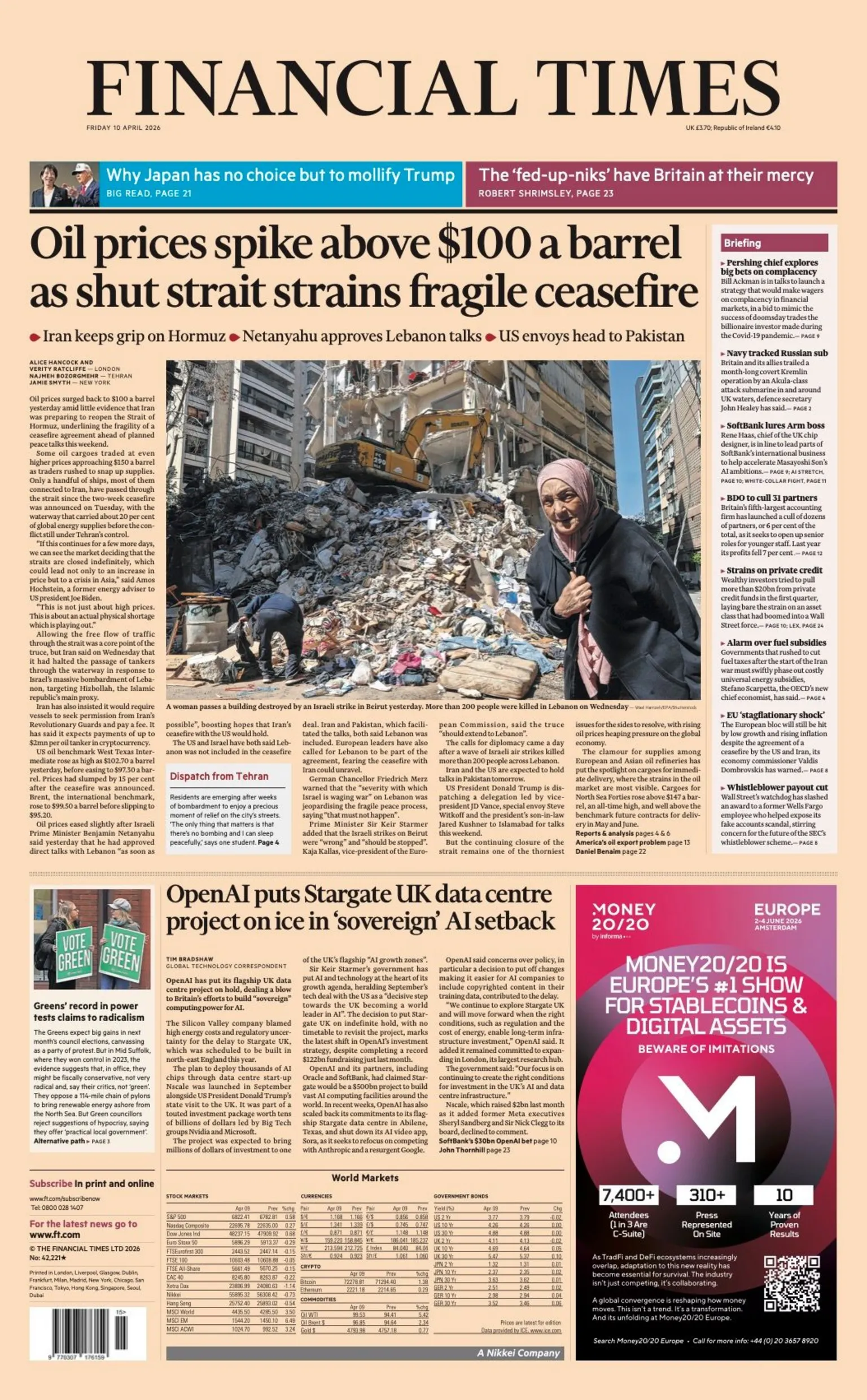 The headline on the front page of the Financial Times reads: “Oil prices spike above $100 a barrel as shut strait strains fragile ceasefire”.
