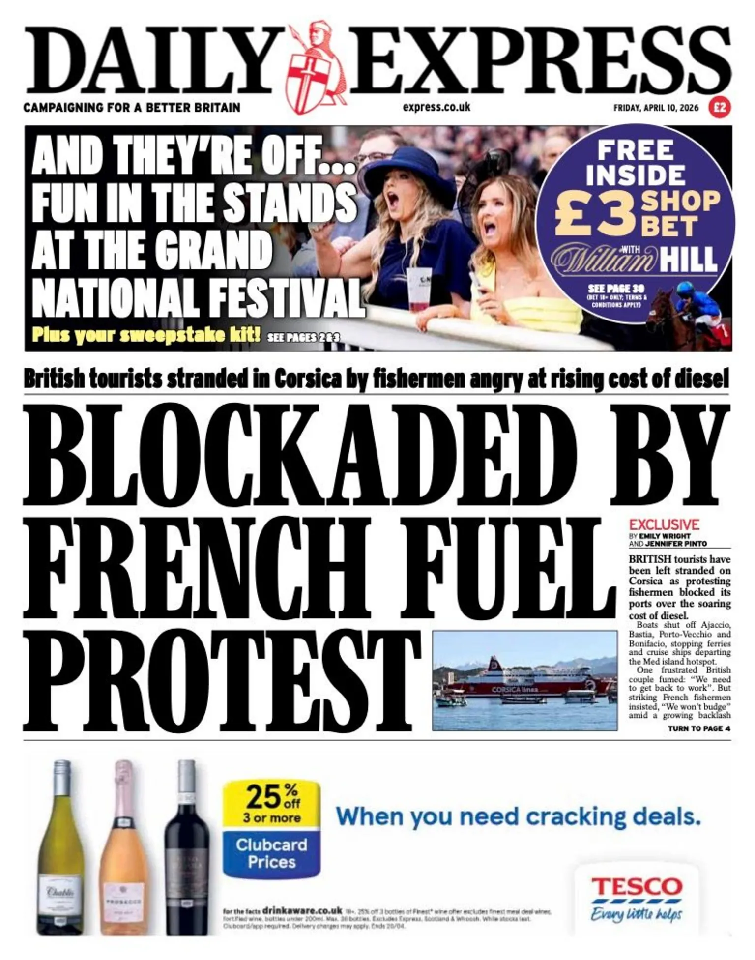 The headline on the front page of the Express reads: “Blockaded by French fuel protest”.