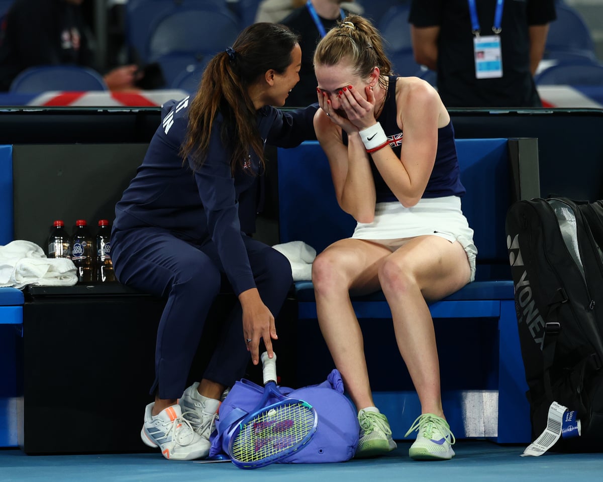 Mika Stojsavljevic is overcome with emotion after beating Talia Gibson during the Billie Jean King Cup qualifier in Melbourne