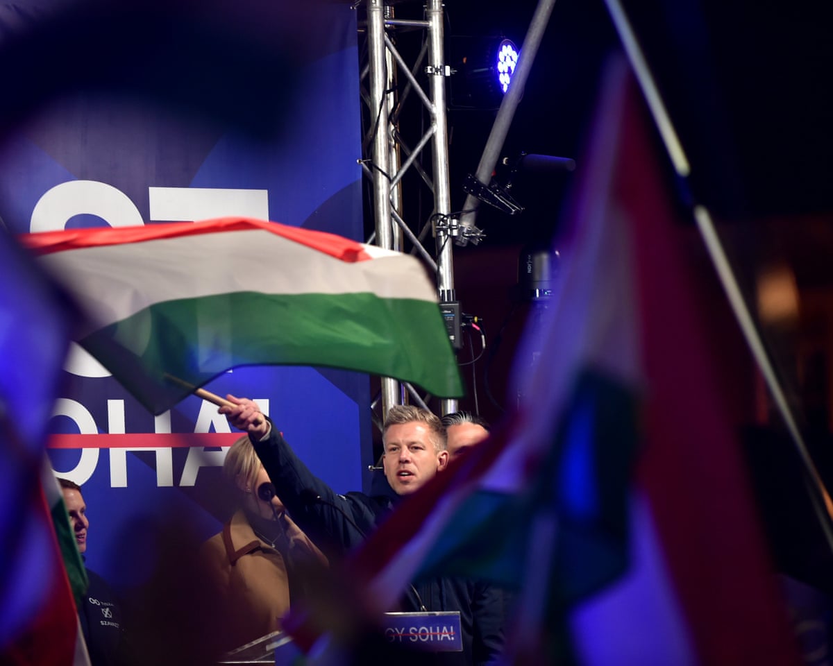 Péter Magyar, prime minister candidate of the Tisza Party, holds a campaign rally alongside local MP candidates in Győr, Hungary.