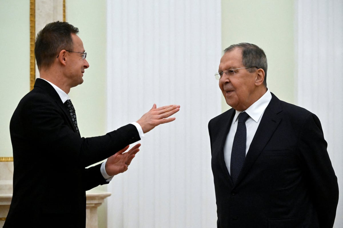 Russian foreign minister Sergei Lavrov speaks with his Hungarian counterpart Peter Szijjártó in Moscow, Russia.