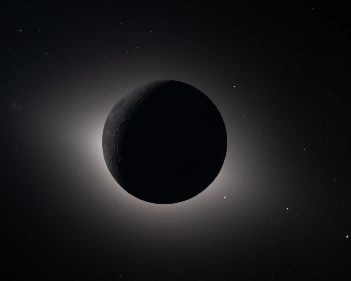 The moon fully eclipsing the sun, as seen from the Orion spacecraft.