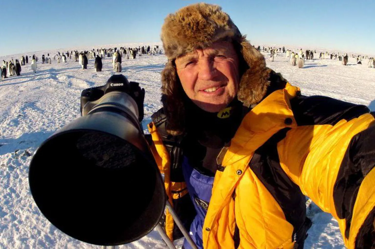 Doug Allan Doug Allan in a yellow jacket and furry hat with a large camera with hundreds of penguins in a frozen landscape in the distance behind him