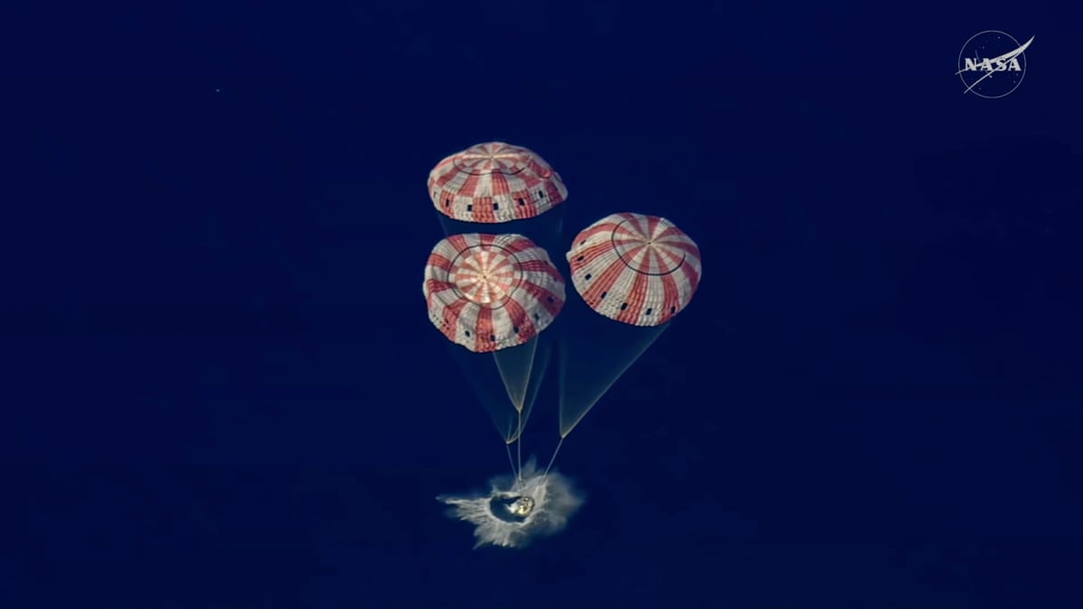 The Artemis II Orion capsule splashes down in the Pacific Ocean, on Friday, 10 April 2026.