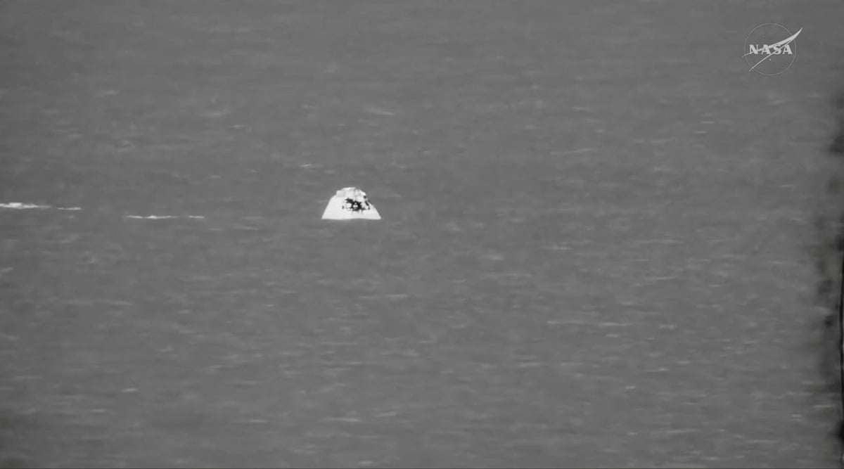 The Artemis II crew capsule after splashing down in the Pacific Ocean