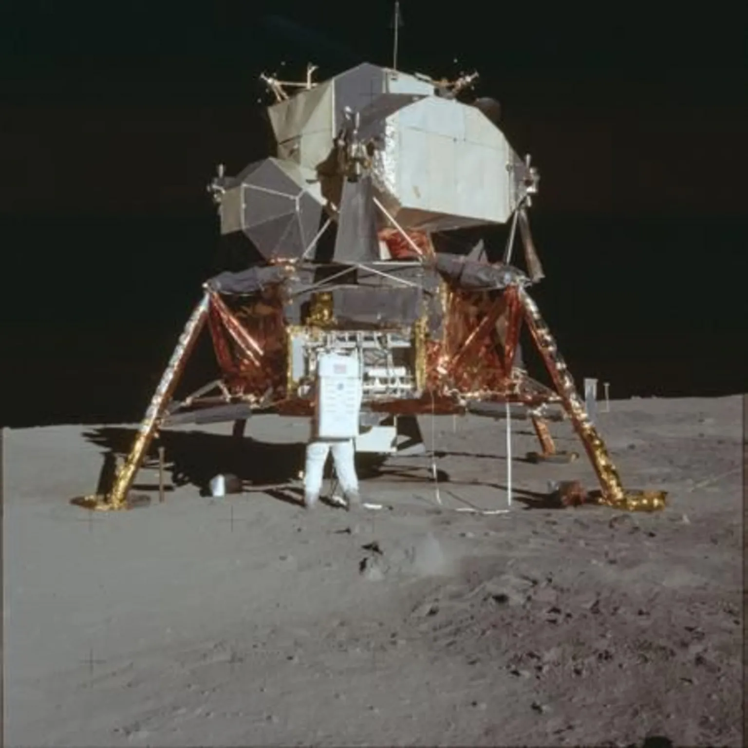 NASA The lunar lander stands squat and insect‑like on spindly golden legs, its foil‑wrapped descent stage glowing copper against the ash‑grey dust. Above, the pale, faceted cabin looks almost improvised – a fragile aluminium refuge dropped into a pristine desert. The harsh sunlight carves inky black shadows beneath the lander and across the pitted regolith, where bootprints and equipment puncture an otherwise untouched plain.
