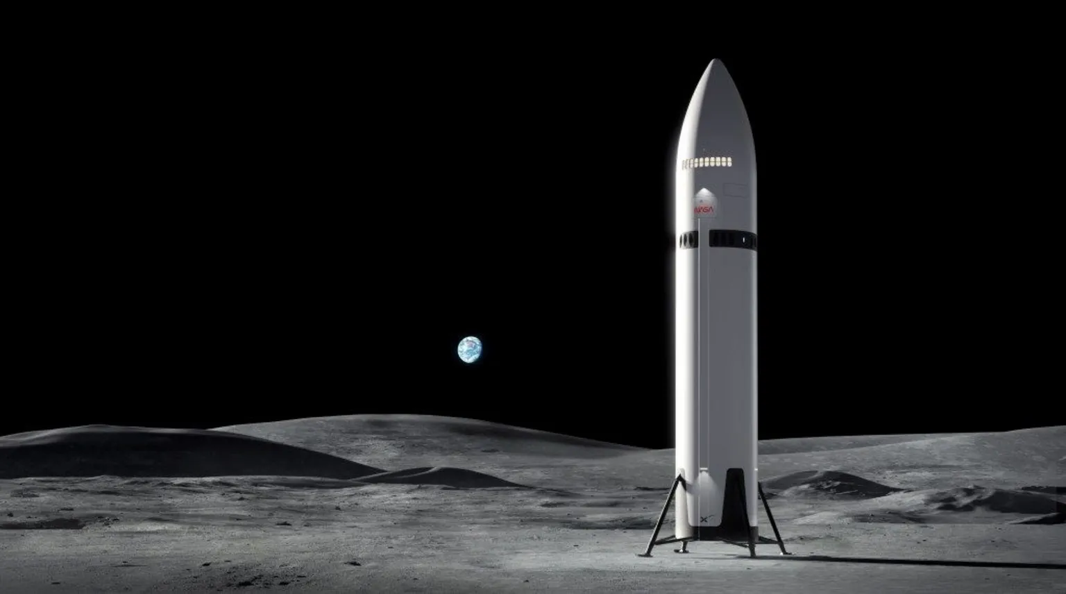 SpaceX A computer-generated illustration depicts a large, gleaming silver spacecraft against the black void of space, with the curved grey surface of the Moon visible below. The spacecraft is enormous: a sleek, cylindrical structure dominated by a rounded nosecone at the top, where the crew compartment is located some 35 metres above the lander's base. Fins extend from the lower section. Stars and the distant Earth are just visible in the background.