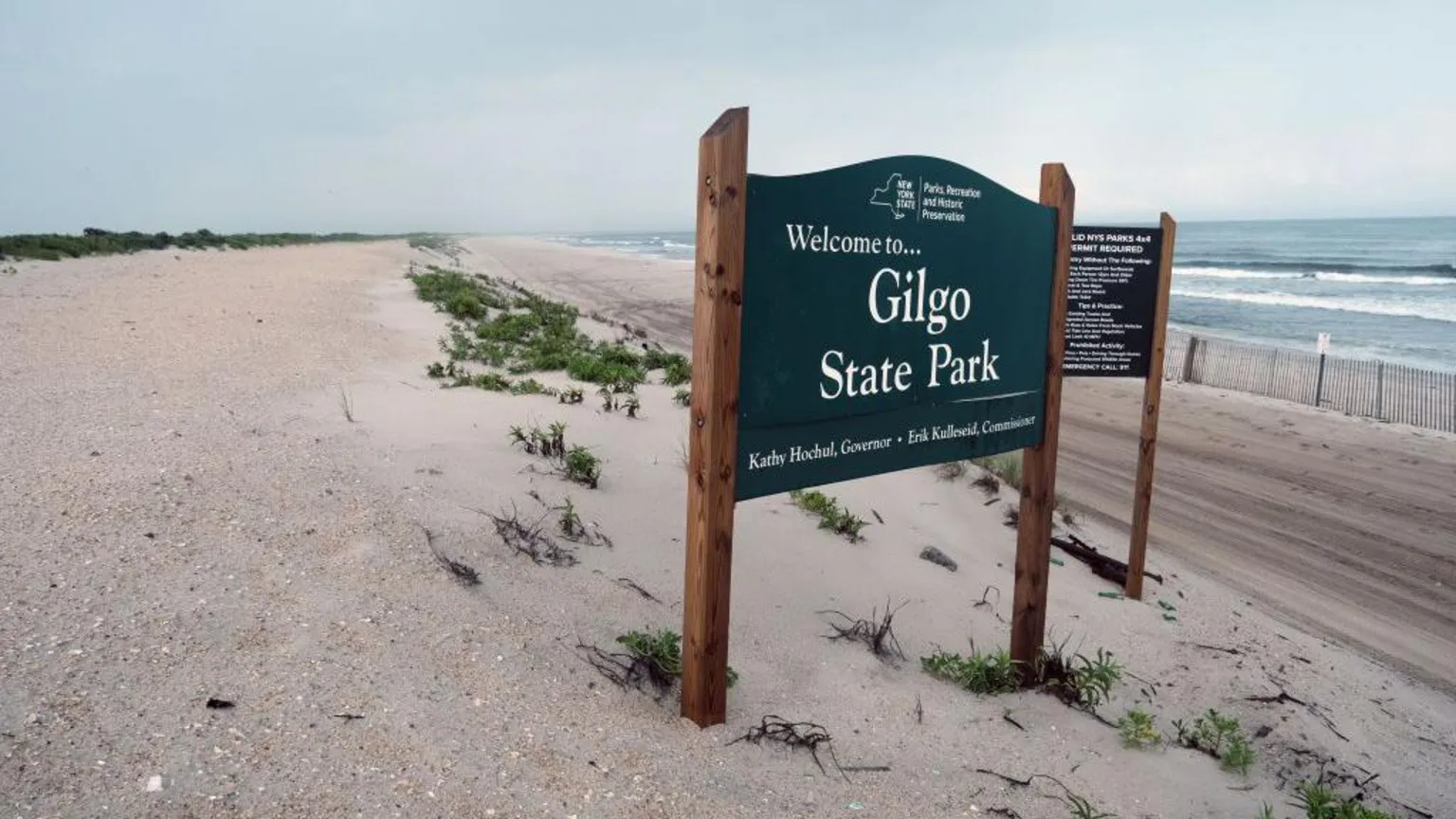  A forest-green sign on a desolate beach reads: Welcome to Gilgo State Park
