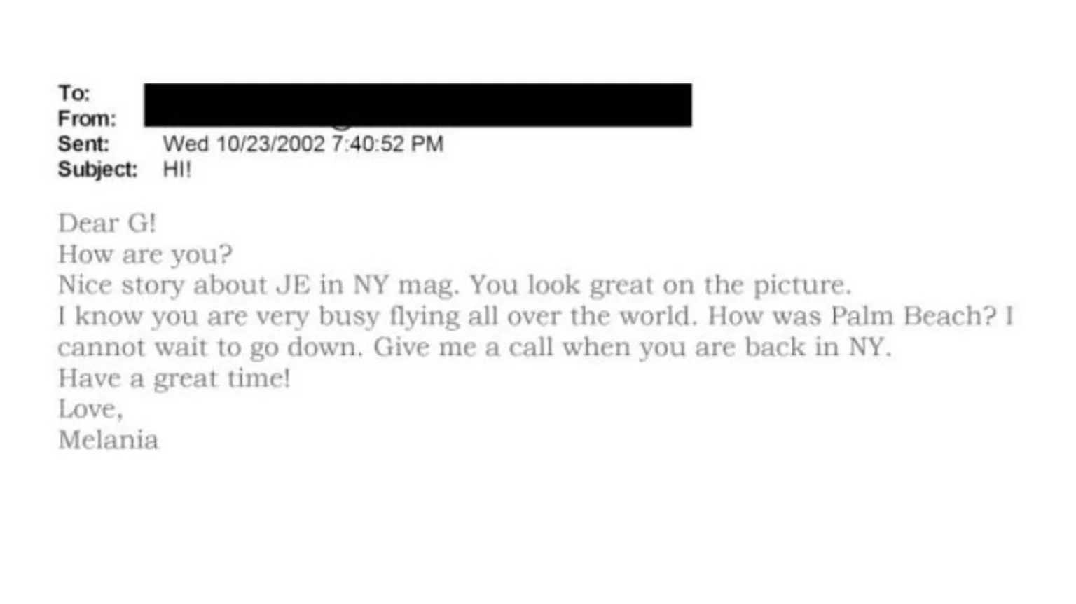 US Department of Justice An image of an email from Melania to