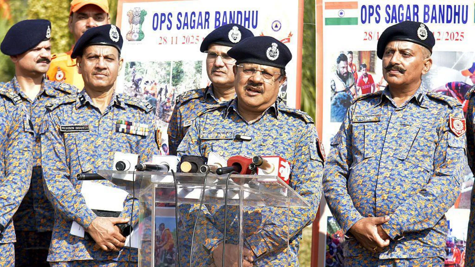 AFP via NDRF Director General Piyush Anand briefs the media at the event to felicitate 8th NDRF team from Ghaziabad, which returned after successful mission to Sri Lanka after Cyclone Ditwah under Operation Sagar Bandhu on December 9, 2025 in Ghaziabad, India