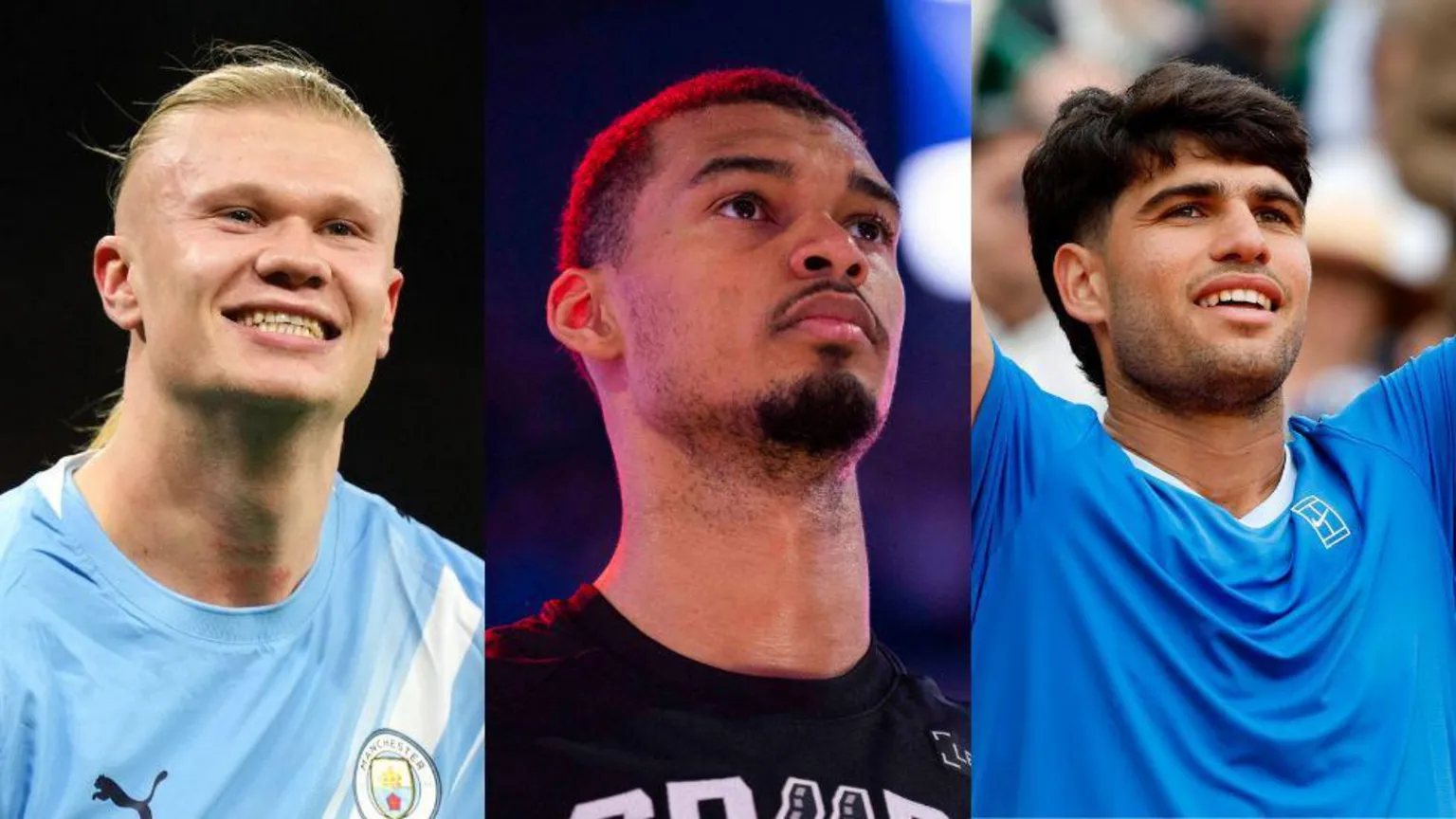 / Footballer Erling Haaland, basketball star Victor Wembnyama, and tennis player Carlos Alcaraz in a composite image.