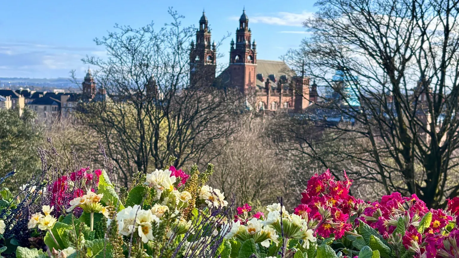 Catriona Duggan A colorful display of spring flowers fills the foreground, with bare-branched trees and an ornate historic building with twin towers rising in the background under a clear blue sky.