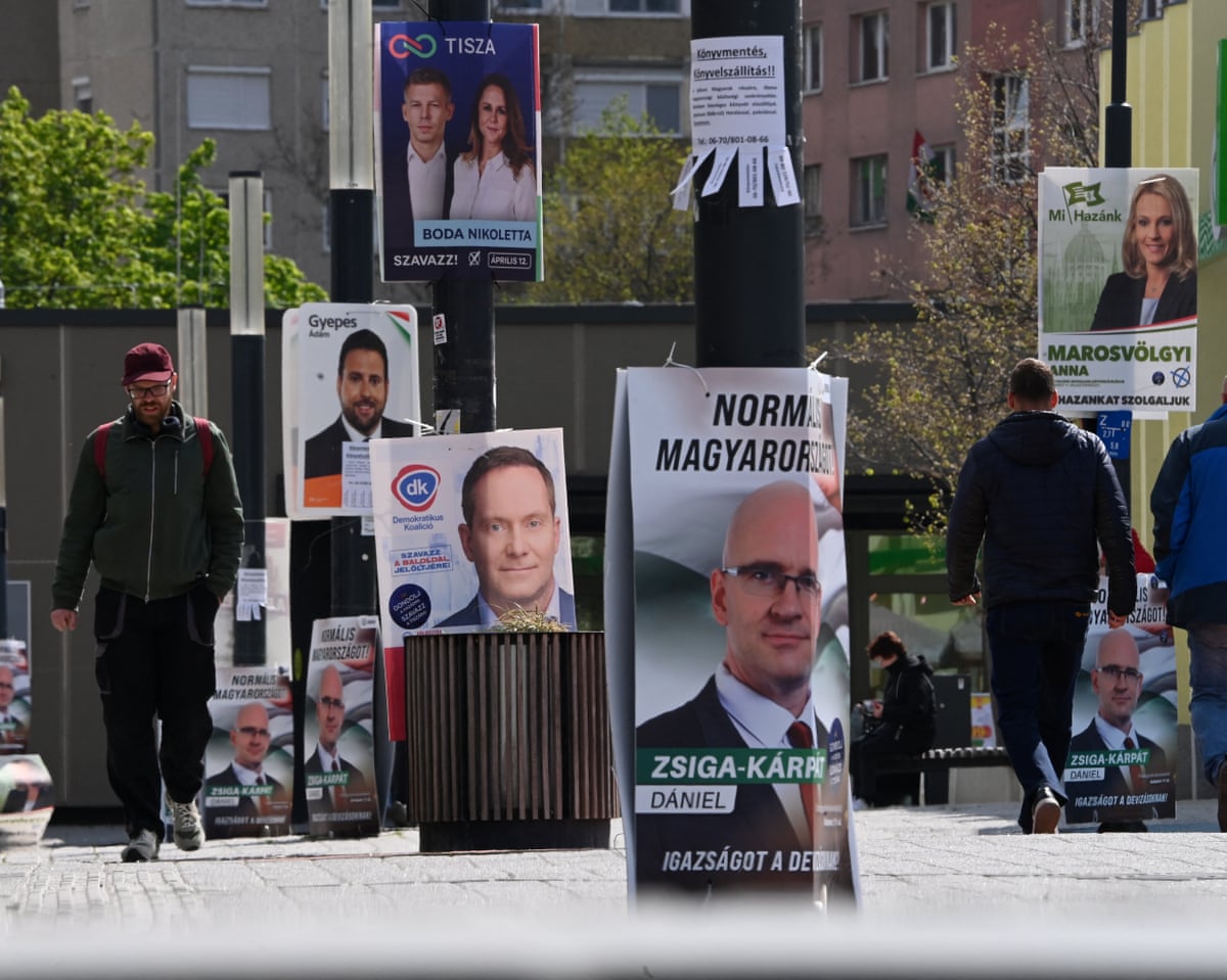 Candidates for the upcoming general elections are seen on posters attached to poles in Budapest’s 3rd district.
