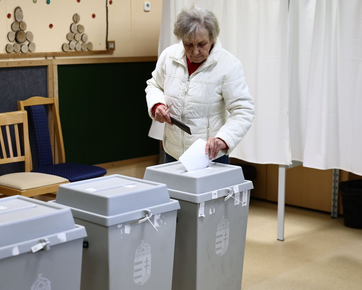 A person votes in the parliamentary election in Budapest, Hungary.