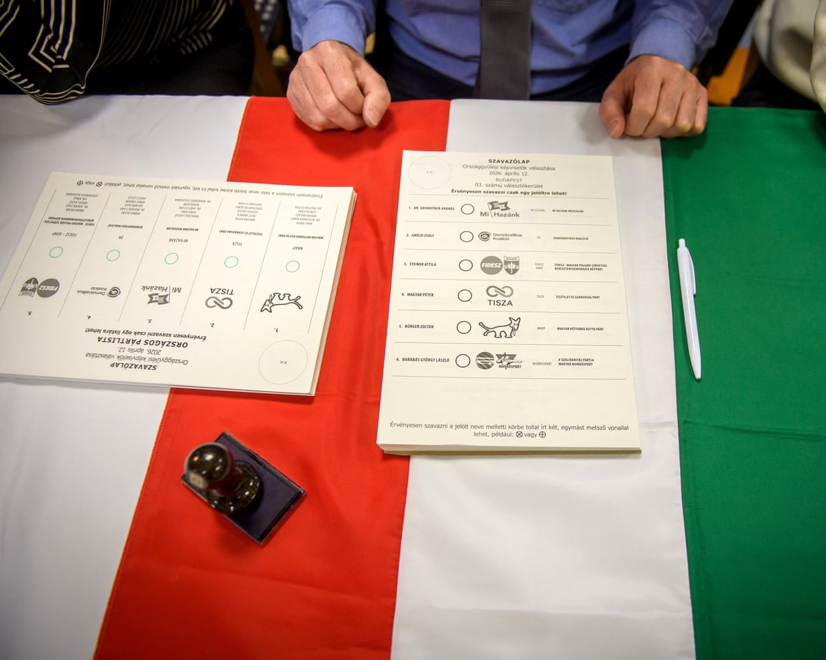 Ballot papers are placed on a Hungarian flag at a polling station in Budapest, Hungary.