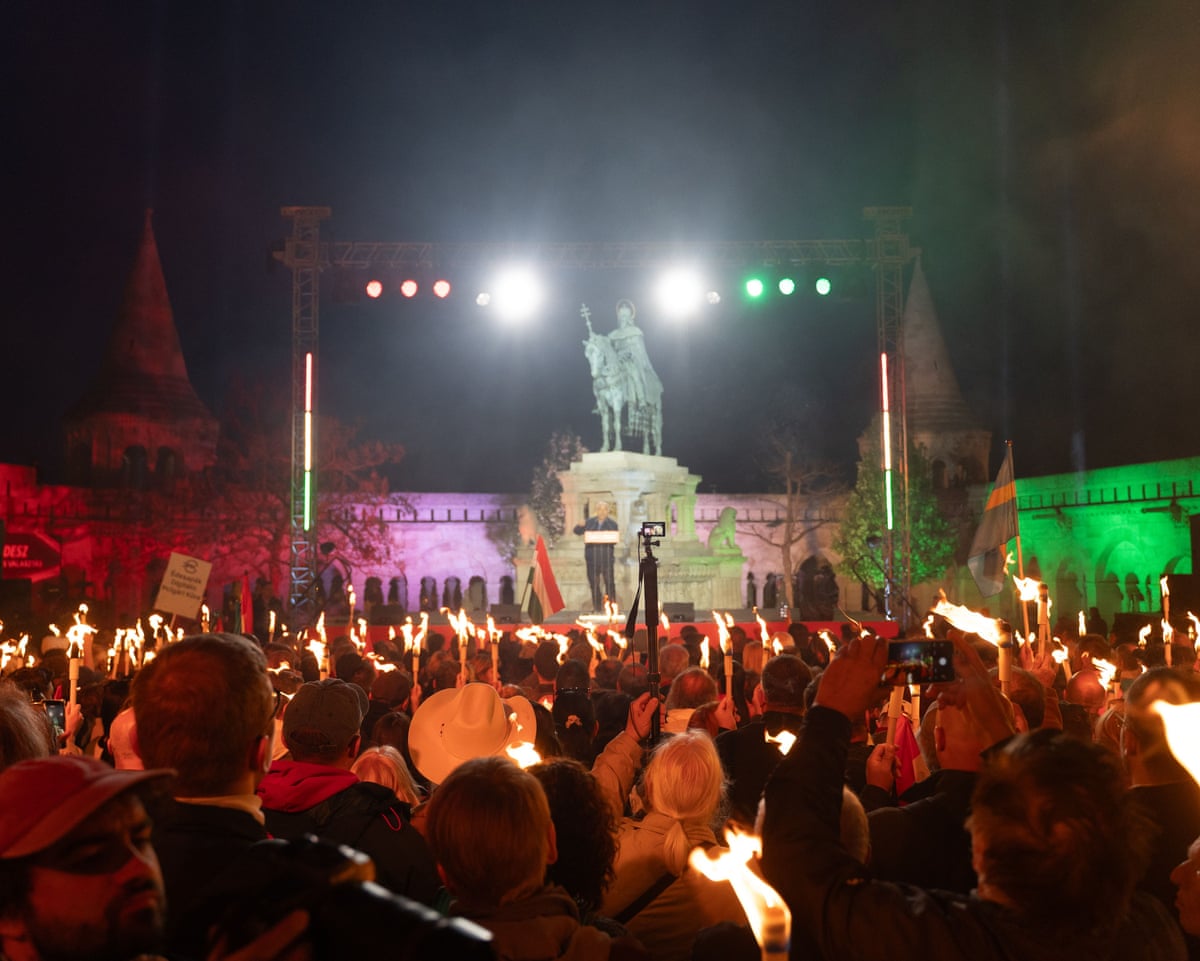 Hungarian prime minister Viktor Orbán speaks to supporters at his campaign closing rally at Buda Castle in Budapest, Hungary.