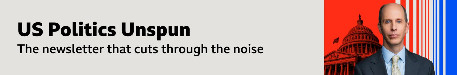 A thin, grey banner promoting the US Politics Unspun newsletter. On the right, there is an image of North America correspondent Anthony Zurcher, wearing a blue suit and shirt and grey tie. Behind him is a visualisation of the Capitol Building on vertical red, grey and blue stripes. The banner reads: