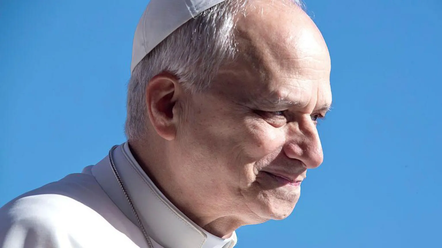  A close-up head-and-shoulders profile image of a smiling Pope Leo XIV. A clear blue sky provides the background.