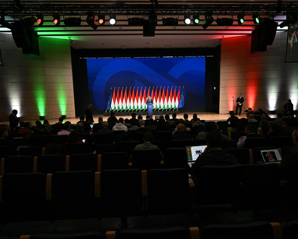 Péter Magyar, election winner and leader of the pro-European conservative Tisza party, delivers a press conference at the HUNGEXPO Congress and Exhibition Center in Budapest, Hungary.