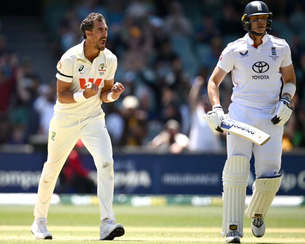 Mitchell Starc celebrates after taking a wicket for Australia against England in the Ashes.