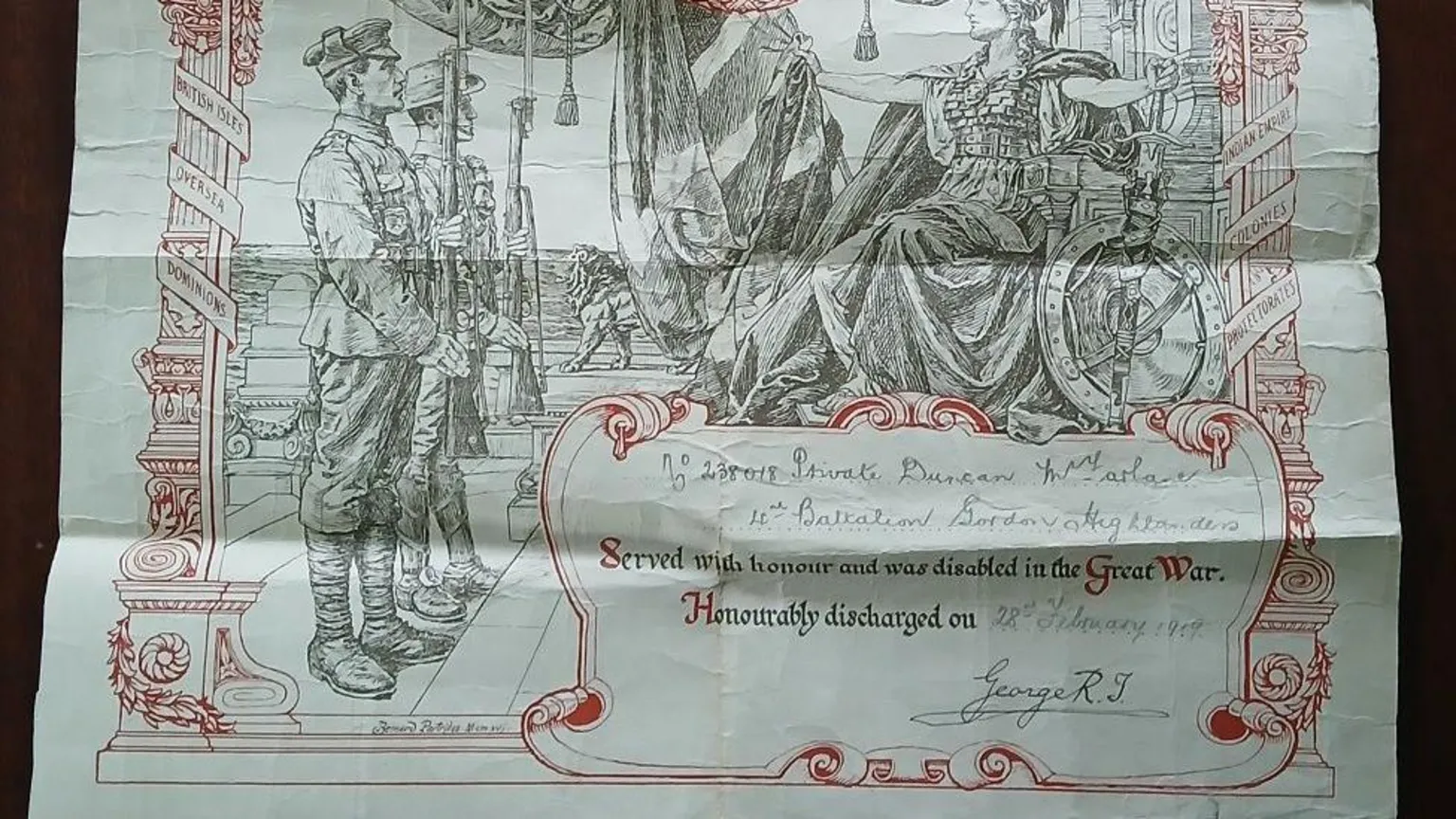 MacFarlane family A white letter with red scroll and military scene details, displaying a block of text in the lower right corner addressed ro Private Duncan MacFarlane, 4th battalion Gordon Highlanders