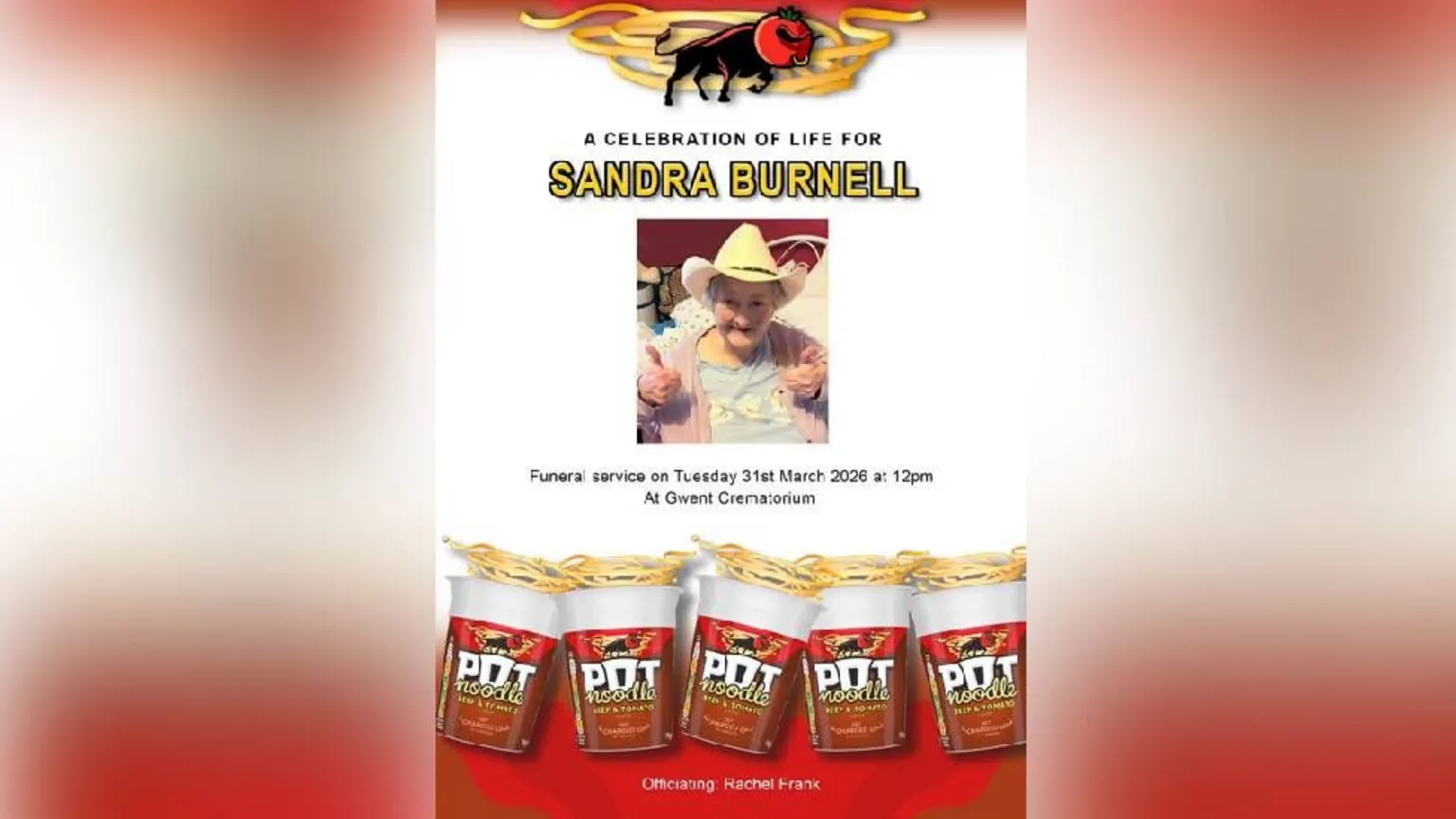 Kirsty Sailes An order of service covered in Pot Noodle images 