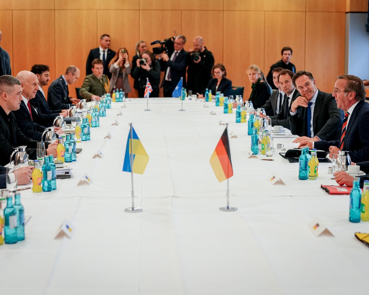 Ukraine's defence minister Mykhailo Fedorov, second from left, Britain's defence secretary John Healey, third from left, German defence minister Boris Pistorius, second from right, and Nato secretary general Mark Rutte, third from right, attend the meeting of the Ukraine Contact Group in Berlin.