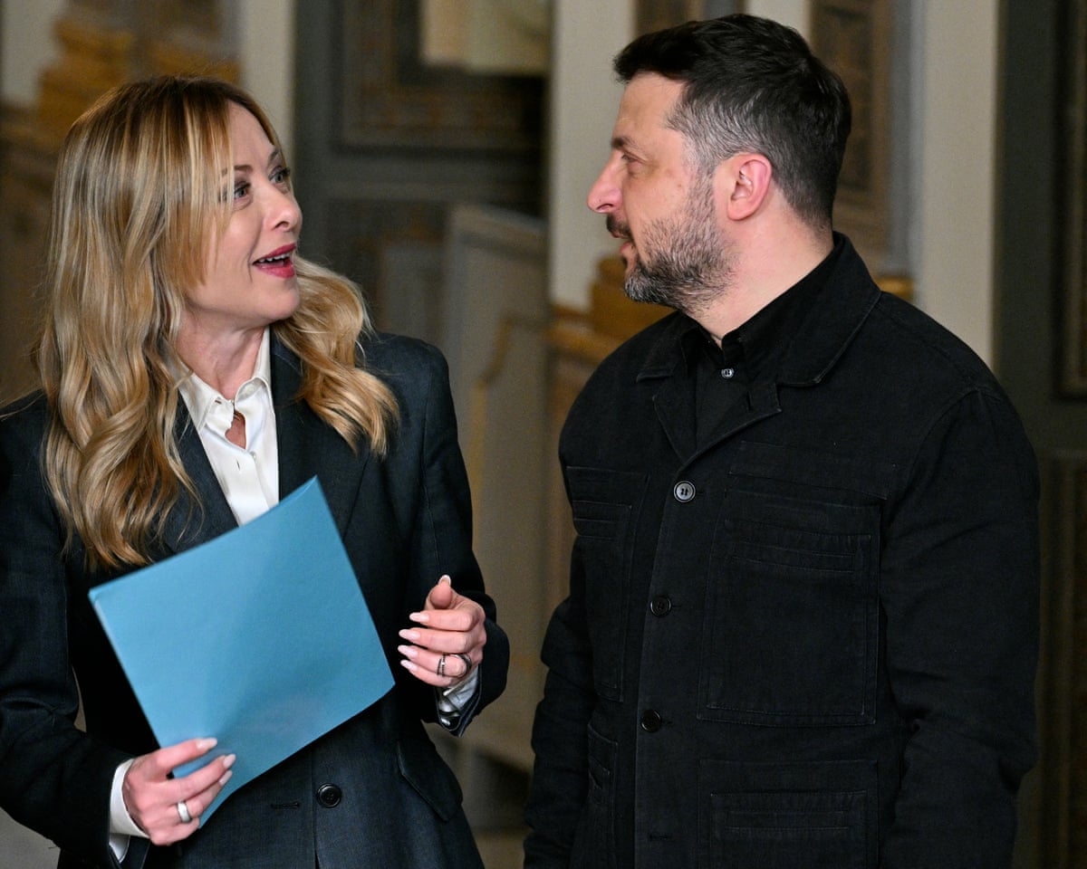 Italy's prime minister Giorgia Meloni and Ukraine's president Volodymyr Zelenskyy arrive to address journalists at Palazzo Chigi after their meeting in Rome.