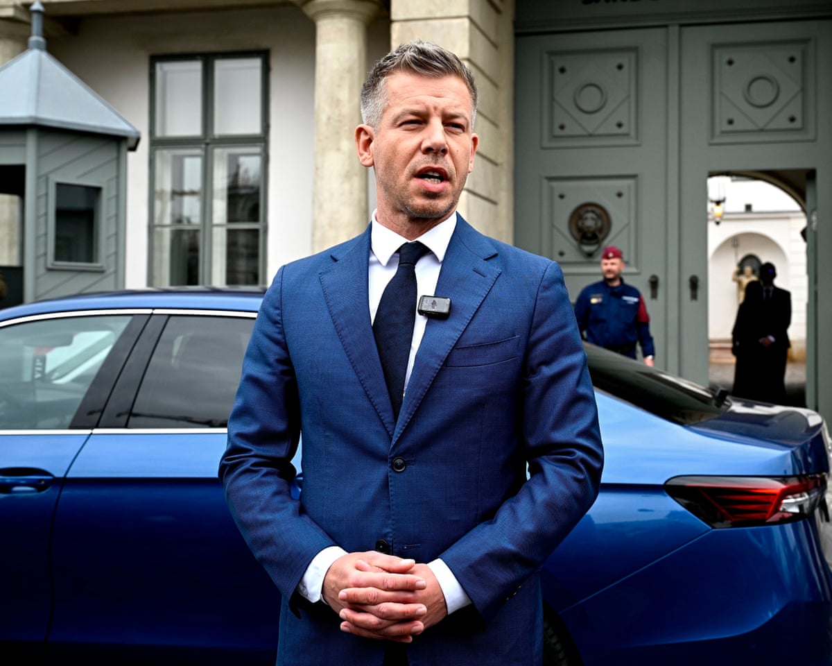 Tisza Party leader and prospective prime minister Péter Magyar speaks to the press before a meeting with the Hungarian president at the Sandor Palace in Budapest, Hungary.
