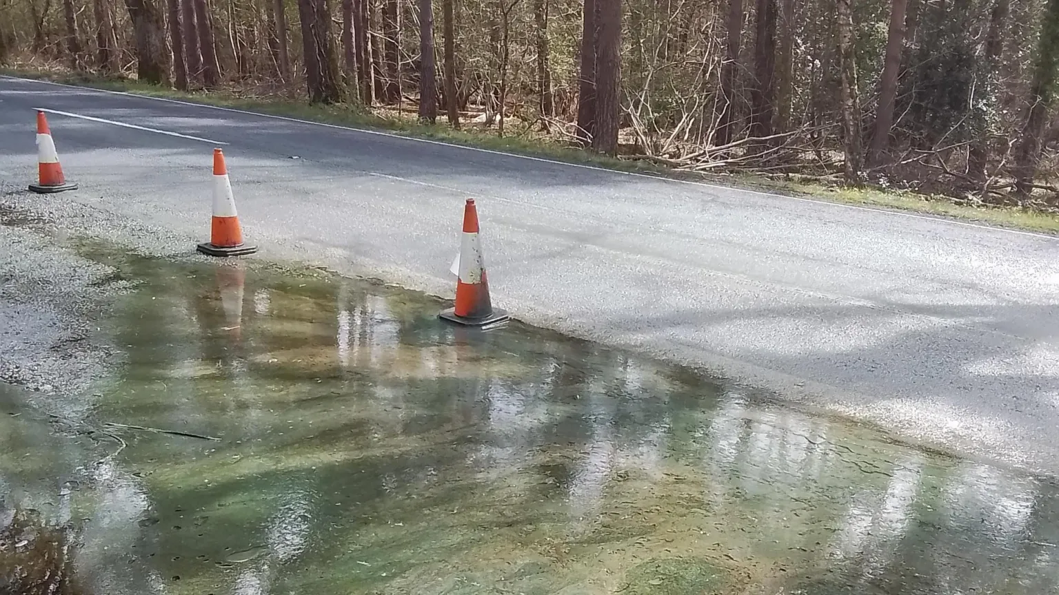 Dorset Council A large pool of liquid can be seen at the side of a road. Three cones have been placed on the road next to the pool.