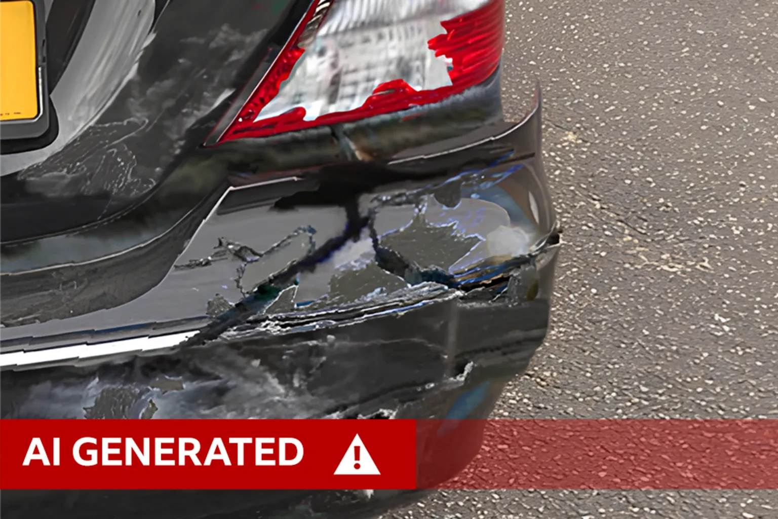Admiral An AI-generated image showing a close up of the rear driver side of a dark-coloured car, with damage visible to the bumper, boot and light. The road surface is visible on the right of the image.