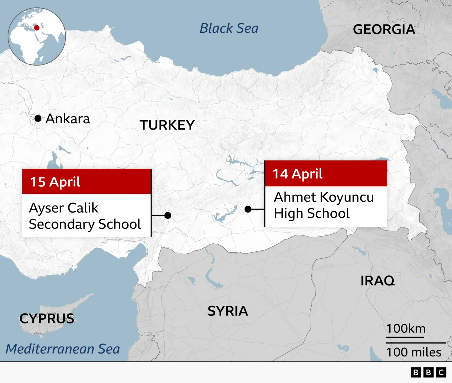 A map of Turkey showing the locations of the two school shootings: 14 April: Ahmet Koyuncu High School (in southeastern Turkey) 15 April: Ayser Calik Secondary School (in southern Turkey) It also marks major geographic references like Ankara, the Black Sea, and neighbouring countries including Syria, Iraq, and Georgia.