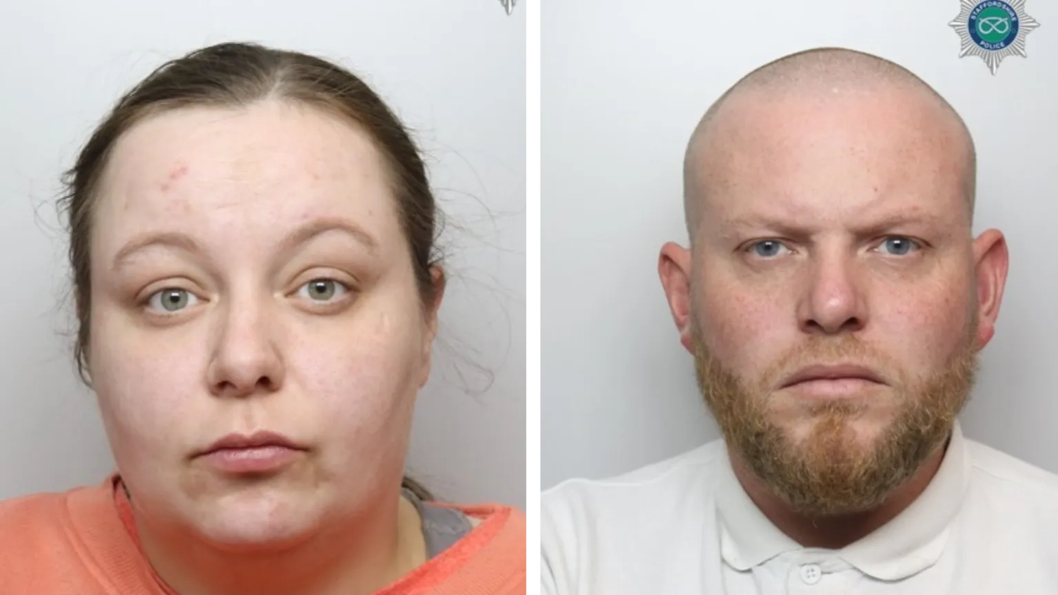 Staffordshire Police A police custody image showing two people side by side against a plain grey background. On the left is a woman with dark hair tied back, wearing an orange top. On the right is a bald man with a ginger beard, wearing a white polo shirt.