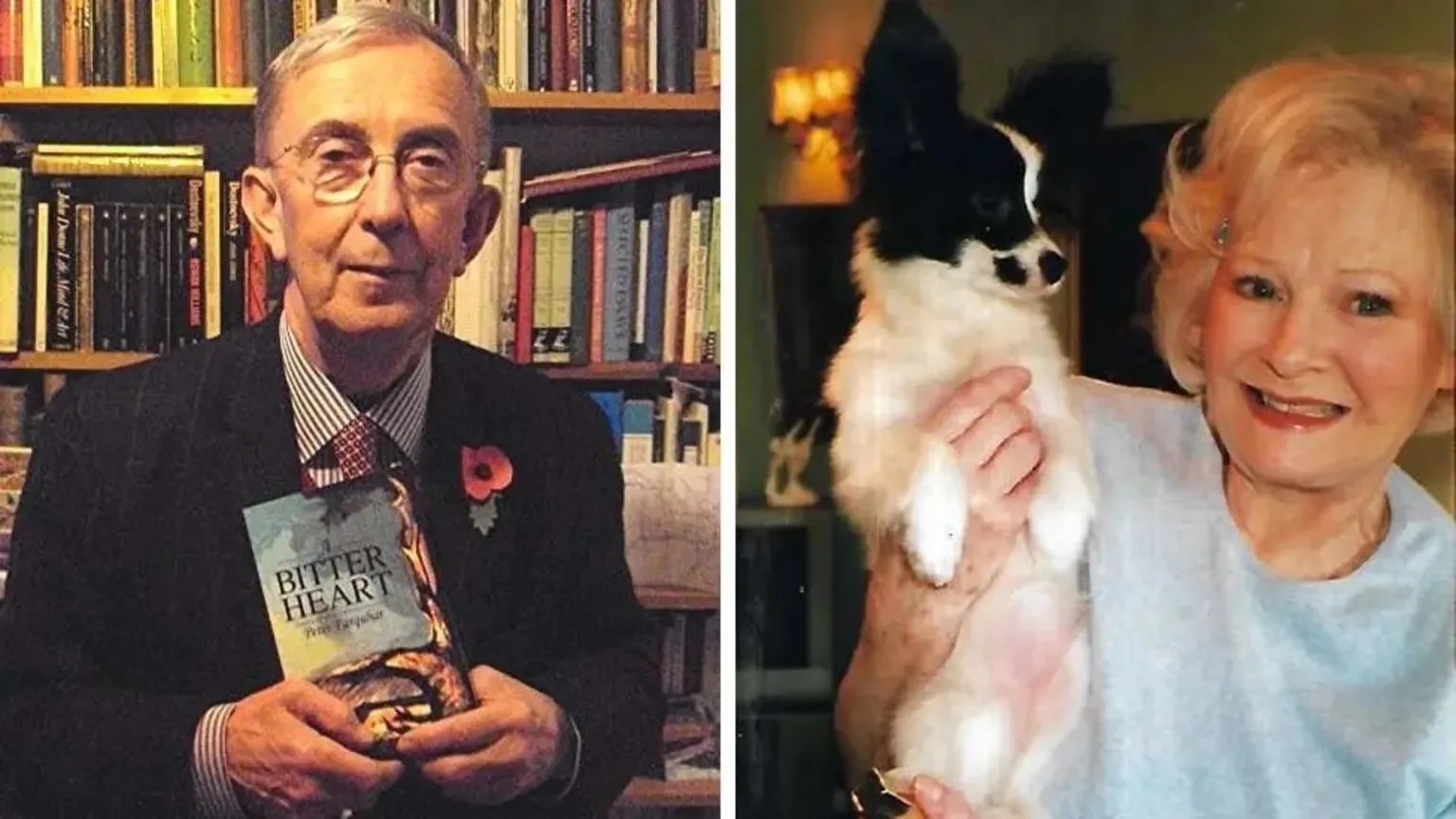 Thames Valley Police Two images edited together with a white border separating them. An elderly man on the left is holding a book and is smartly dressed. An elderly woman wearing a blue top and holding a small dog is smiling on the right.