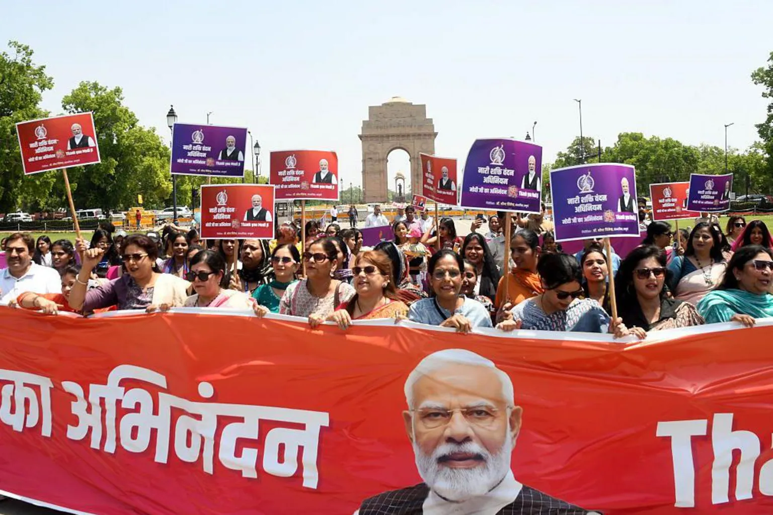 Hindustan Times via Women form a human chain to express support and gratitude to Prime Minister Narendra Modi for moving to fast-track the implementation of the historic legislation the Nari Shakti Vandan Adhiniyam (Women's Reservation Act) in Parliament, at India Gate on April 14, 2026 in New Delhi, India. The proposed legislation would allow for 33 percent reservation to be operationalized by the 2029 Lok Sabha elections by using data from the 2011 Census or an interim delimitation formula. (Photo by Ishant Chauhan/Hindustan Times via )