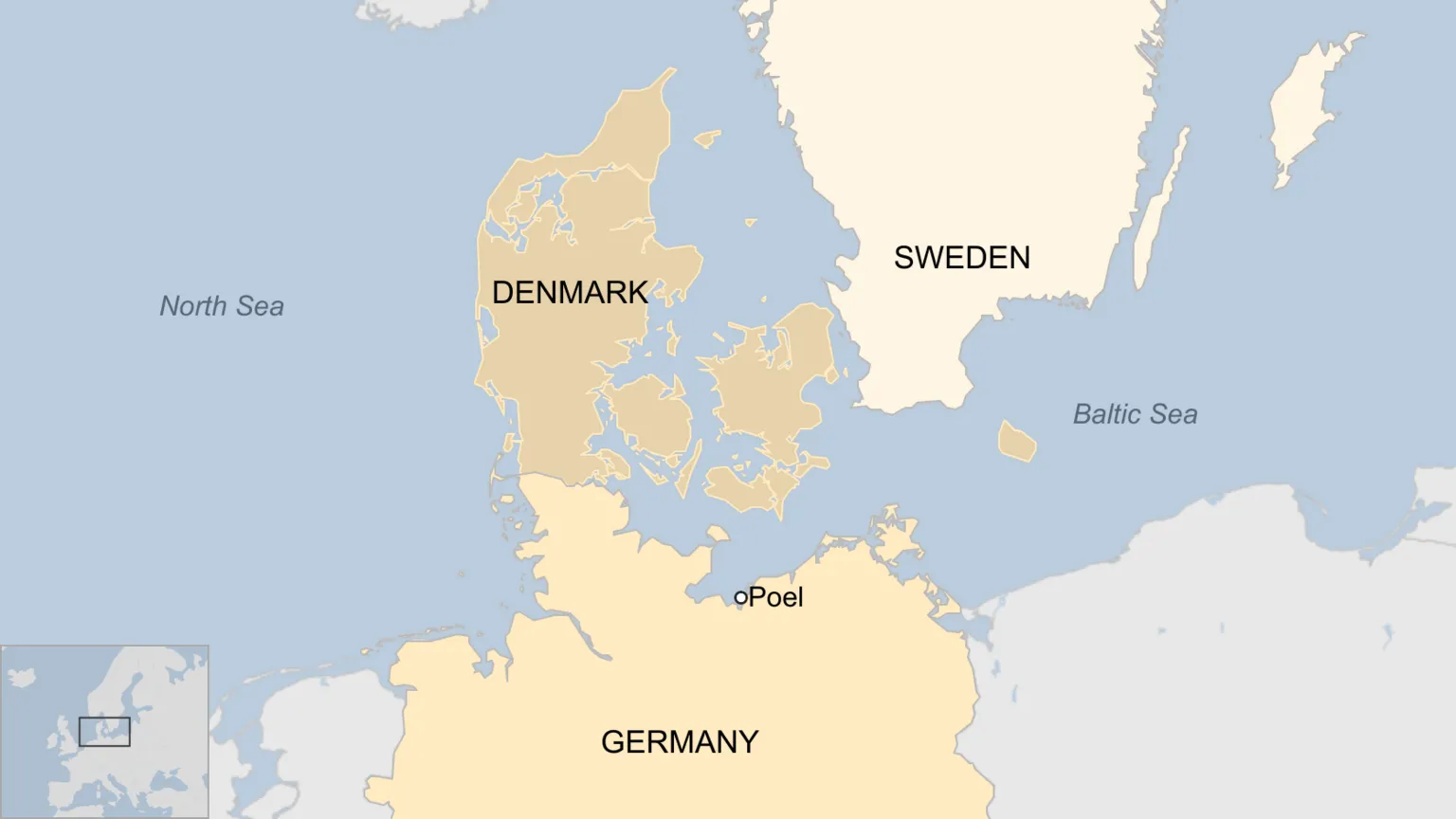 A map showing Poel on Germany's northern coast, as well as Denmark, Sweden, the North Sea and the Baltic Sea.