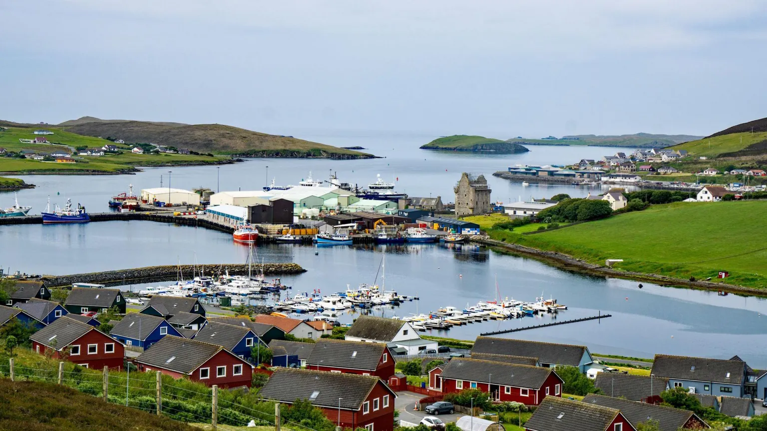  An image of the port town of Scalloway in the Shetland Islands - green hills rise from the blue waters, with red houses scattered around the bay where lines of boats are moored