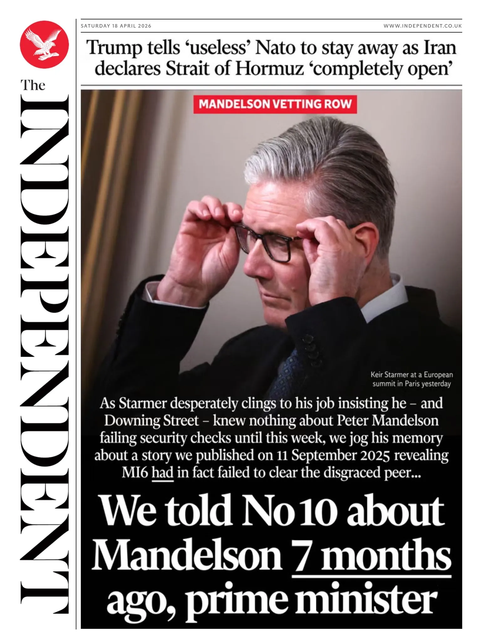 The headline on the front page of the Independent reads: 