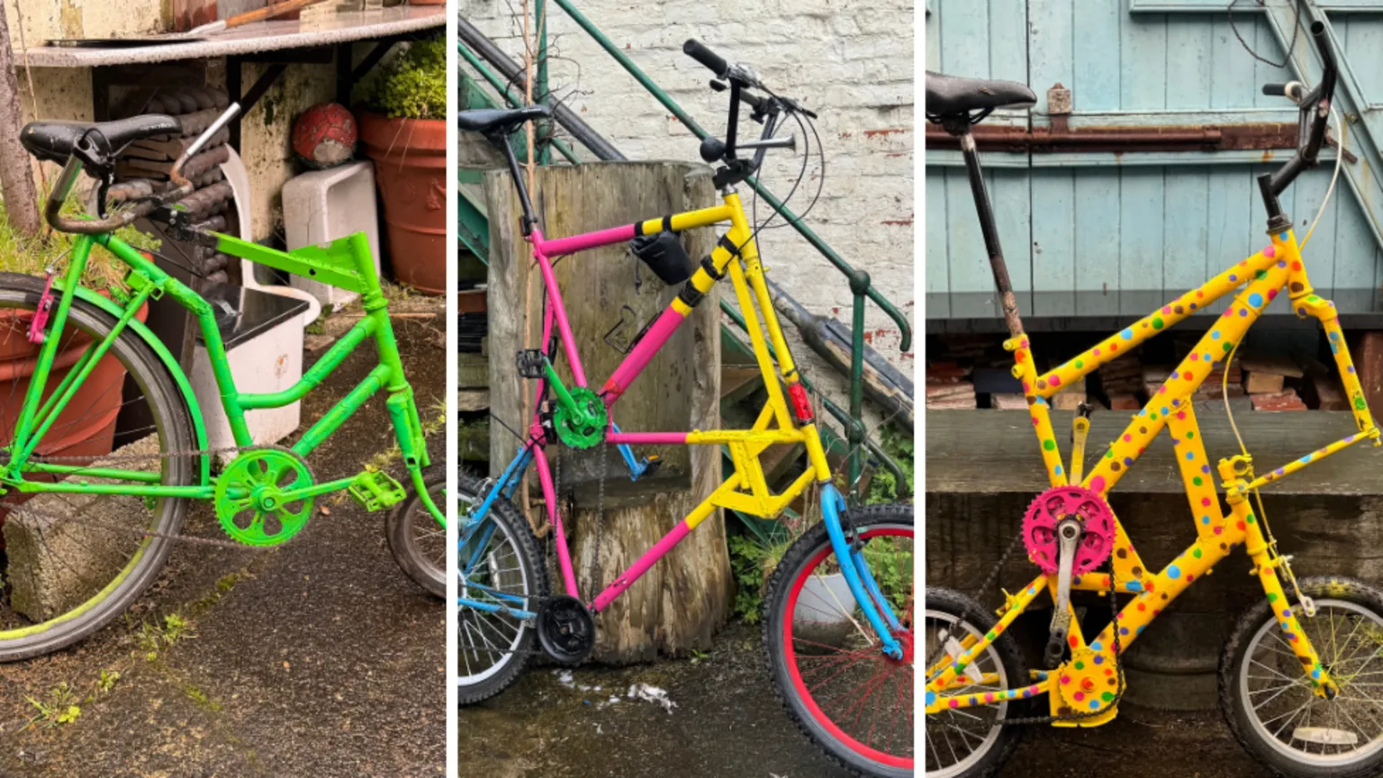 Three images of bikes Daniel has created. They vary from small to large and have all been painted in bight colours. 