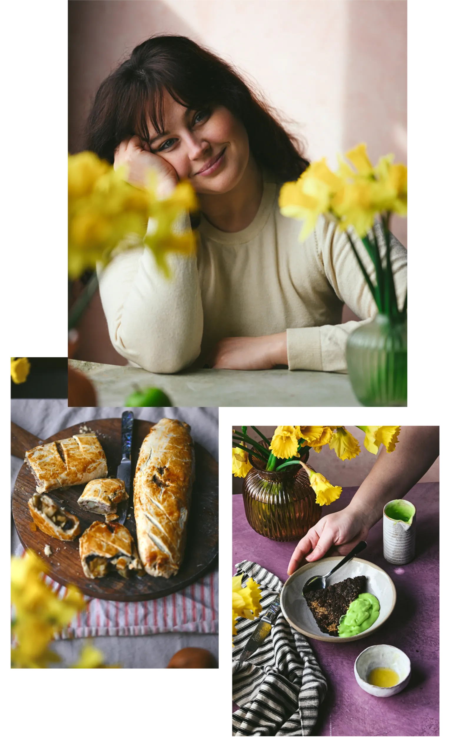 A portrait picture of Annie Mae Herring and two pictures of food - Staffordshire Clanger and Chocolate concrete