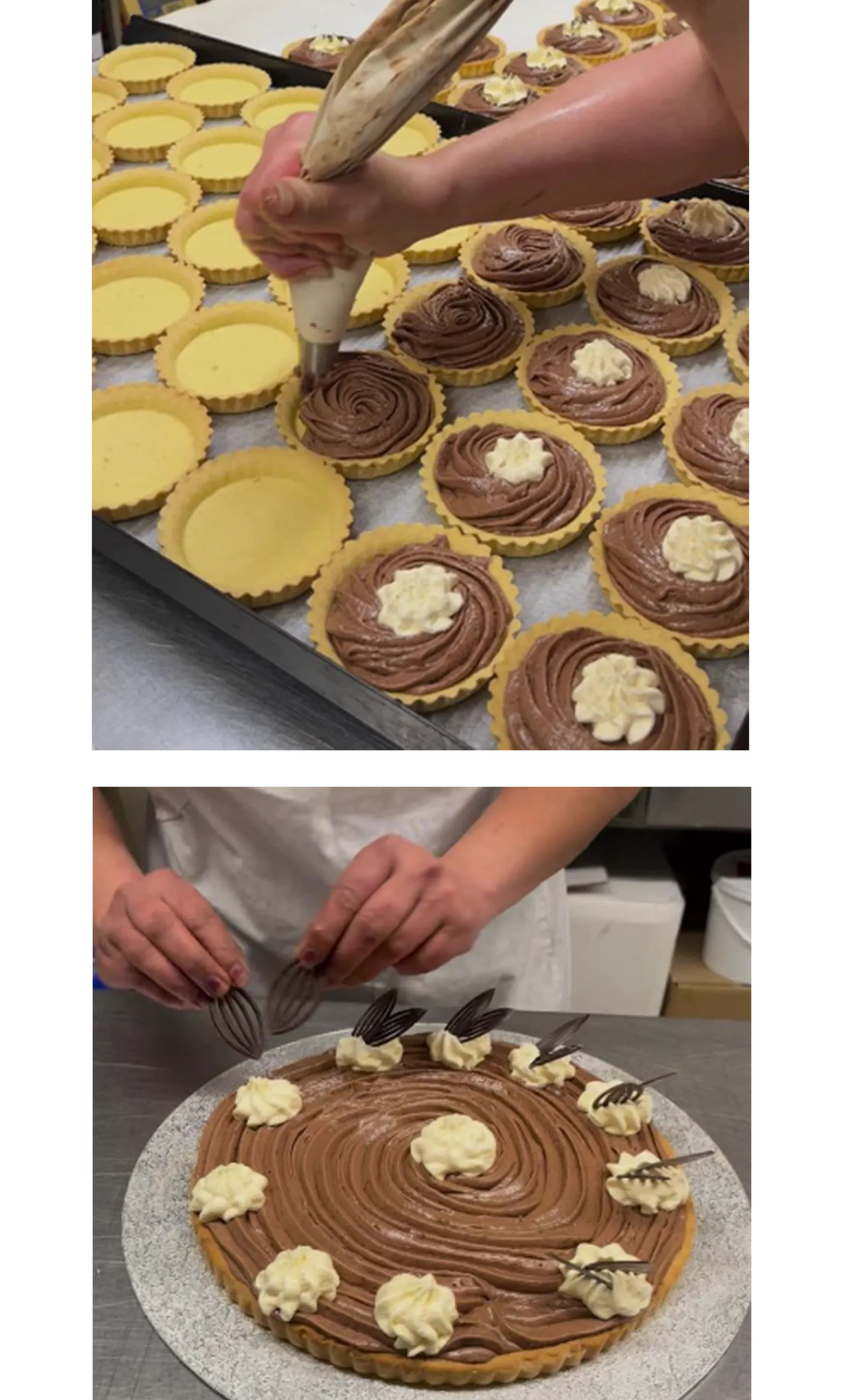 A tray of chocolate toothpaste tarts, which consist of pastry cases filled with a chocolate-flavoured filling, decorated with buttercream and chocolate sprinkles.