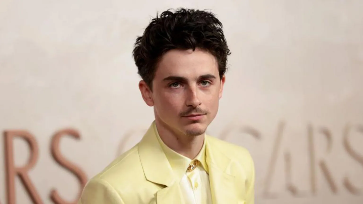  Timothée Chalamet wearing a yellow suit and yellow shirt. He has short brown hair and holds a neutral expression